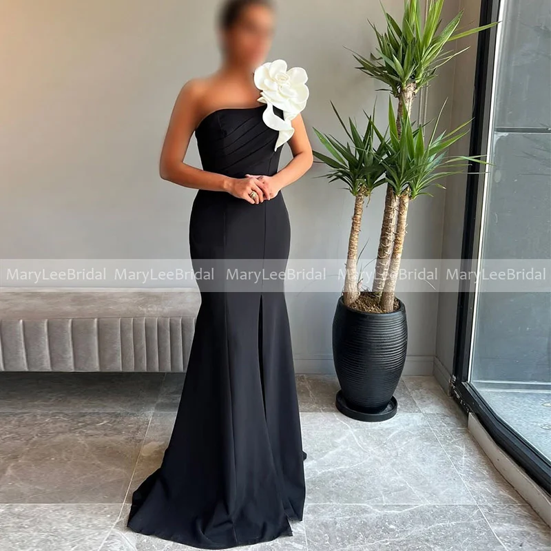 

Черные платья подружки невесты-русалки с белыми цветами, женские вечерние платья на одно плечо с высоким разрезом, платье подружки невесты