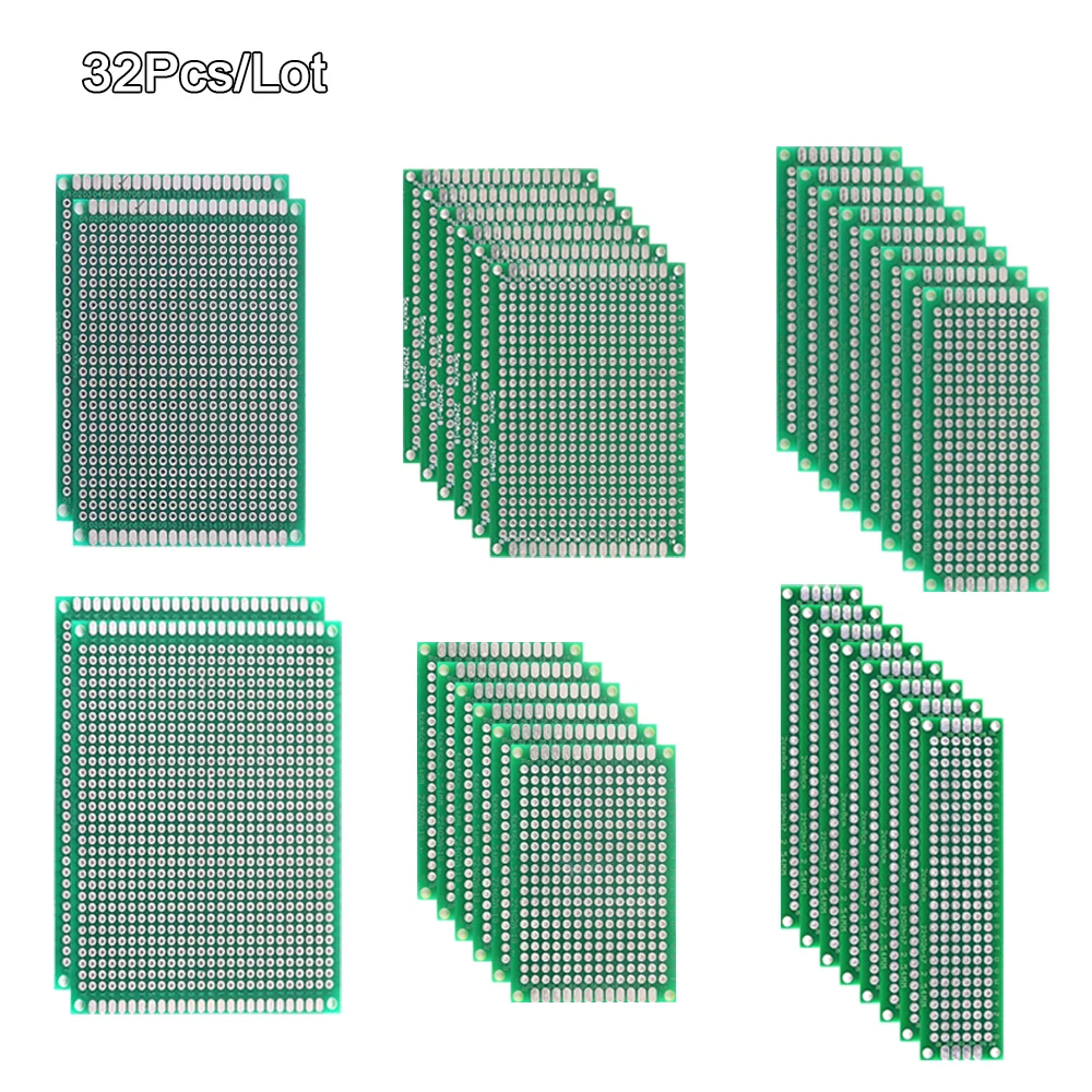 32 Pcs Double Sided PCB Board Prototype Kit 6 Sizes Universal Printed Circuit Protoboard For DIY Soldering Project