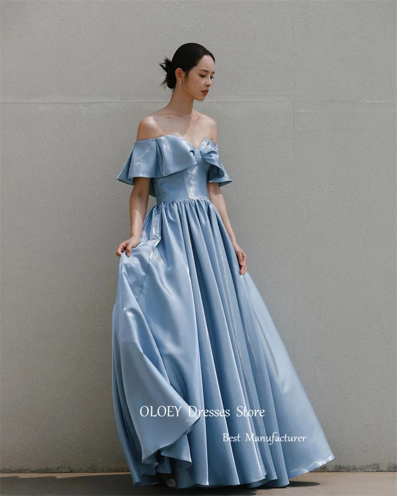 OLOEY Elegant Sky Blue Taffeta Evening Dresses Korea Wedding Photoshoot Sleeves Off Shoulder Shiny Formal Party Occason Dress