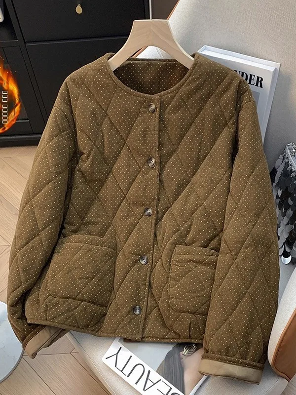 

Korean Sle Corduroy Polka Dot Cotton Jaet Women's Winter Thiened Loose Casual Top Warm Cotton Outerwear Coat