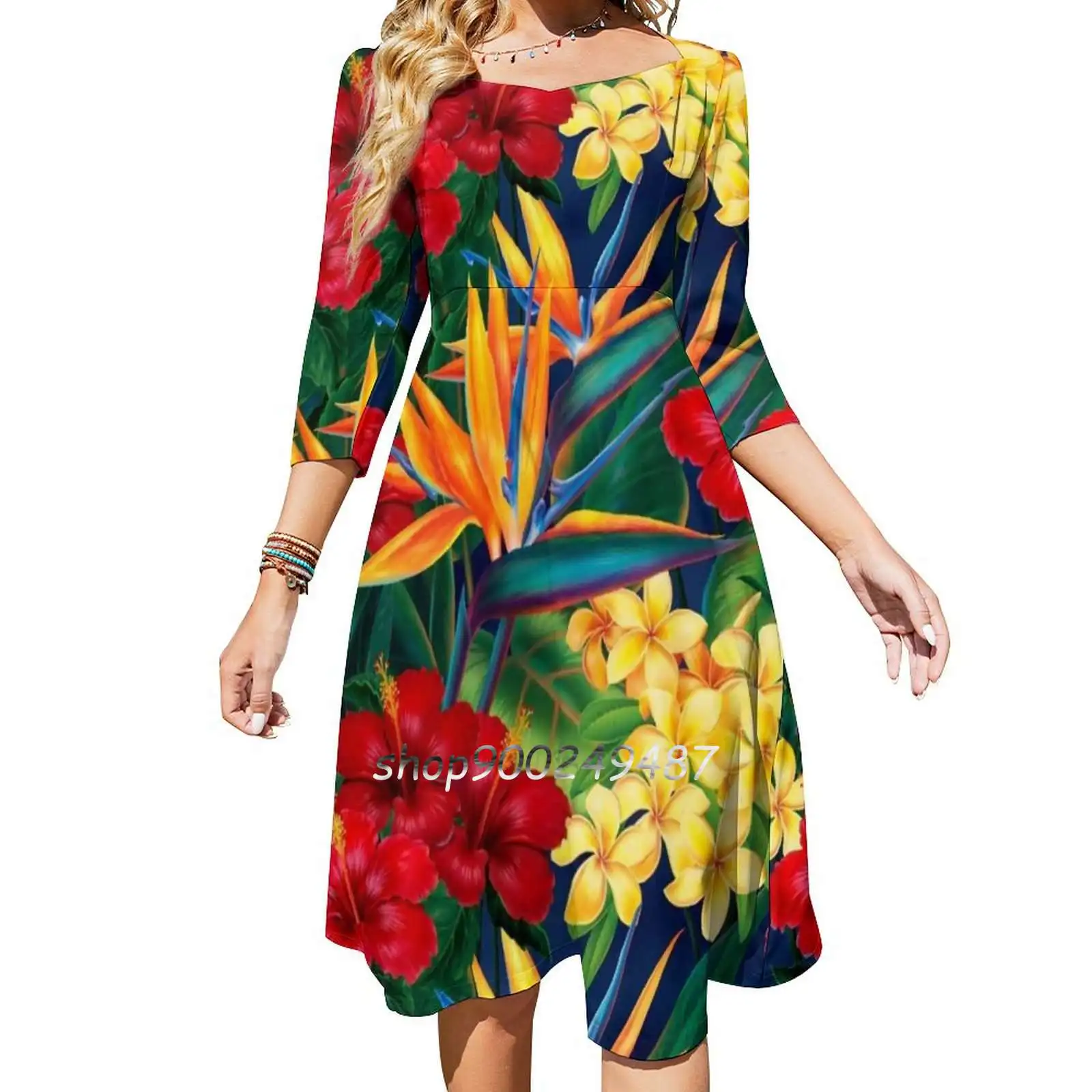 Tropical Paradise Hawaiian Birds Of Paradise Illustration Elegant Party Women Dress Slim V Neck Long Sleeve Dress Casual