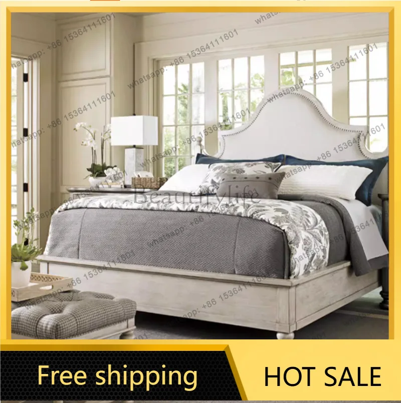 Zj. American country solid wood double bed simple retro white soft bag