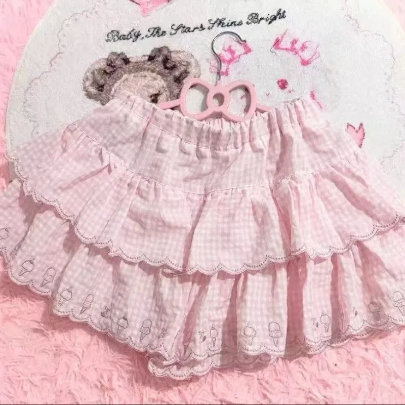 

2025 Japanese Soft Girl Sweet Plaid Skirt Summer Kawaii High Waisted Slim Cake Skirts Y2k Embroidery Design Puffy Skirt A-line