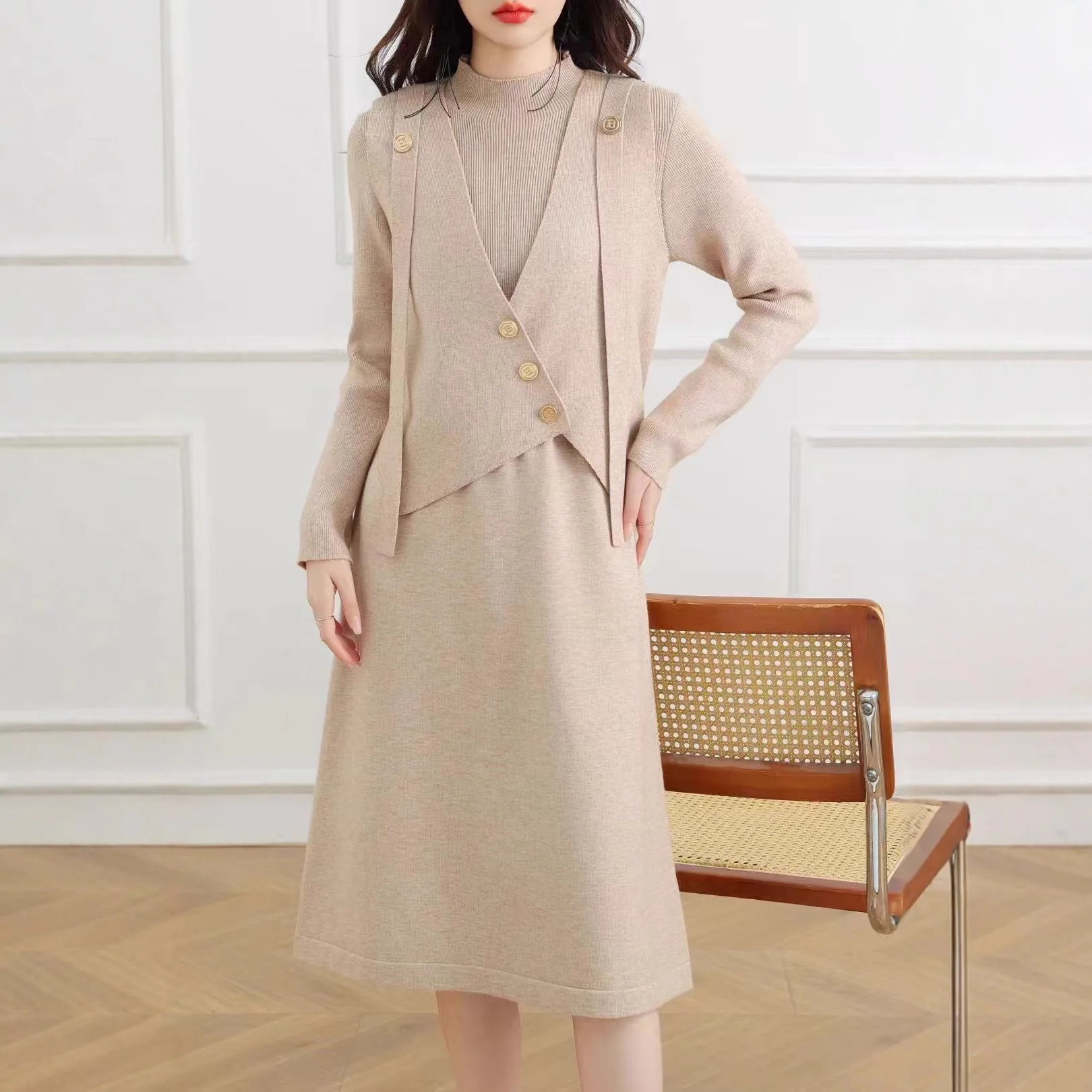 

Two Pieces Knitted Dress Sets Women Solid Matching Sets Single Breasted V Neck Vest Mid Calf Dress Elegant 2025 Autumn Winter