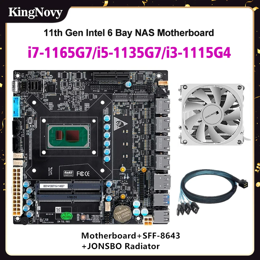 

6 Bay NAS Motherboard 11th Gen Intel i7 1165G7 i5 1135G7 i3 1115G4 4x i226 2.5G 6xSATA 2xM.2 NVMe PCIEx4 Mini ITX Firewall Board