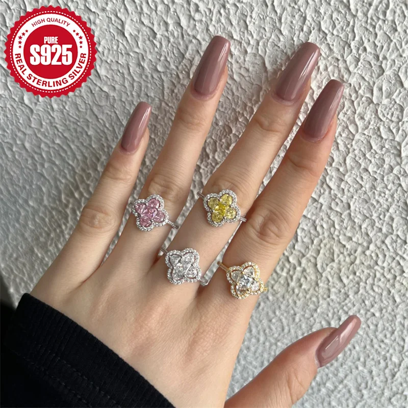 Cincin bunga semanggi perak S925 Pop kualitas tinggi dengan zirkon warna-warni perhiasan Fashion pesta pernikahan wanita manis