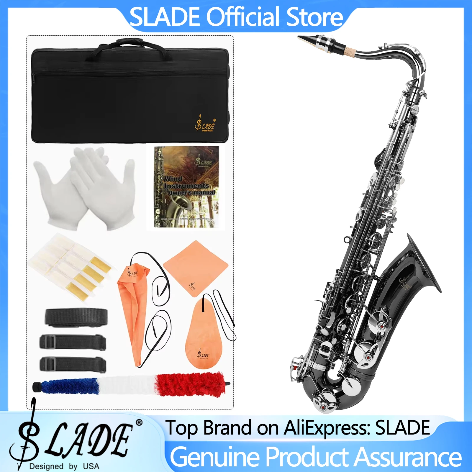 Saxofone Tenor SLADE em Si Bemol com Revestimento de Níquel Preto ​ Saxofone para Iniciantes com Lenço de Limpeza, Estojo de Transporte, Alça de Pescoço e Palhetas Completas