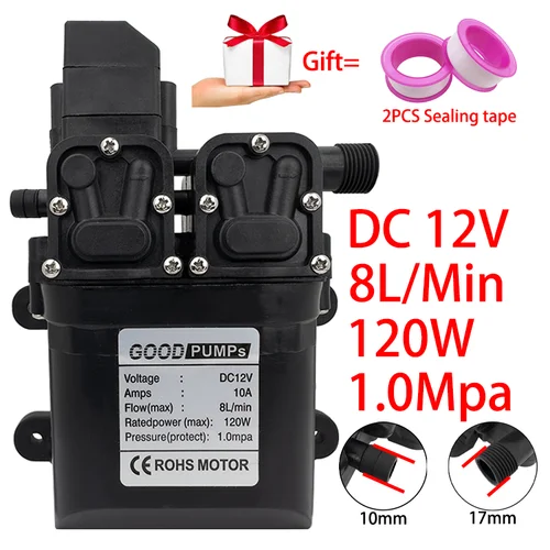 Bomba de agua de diafragma de alta presión duradera DC 12V 120W 8L/Min bomba de agua de diafragma autocebante de alta presión con automático