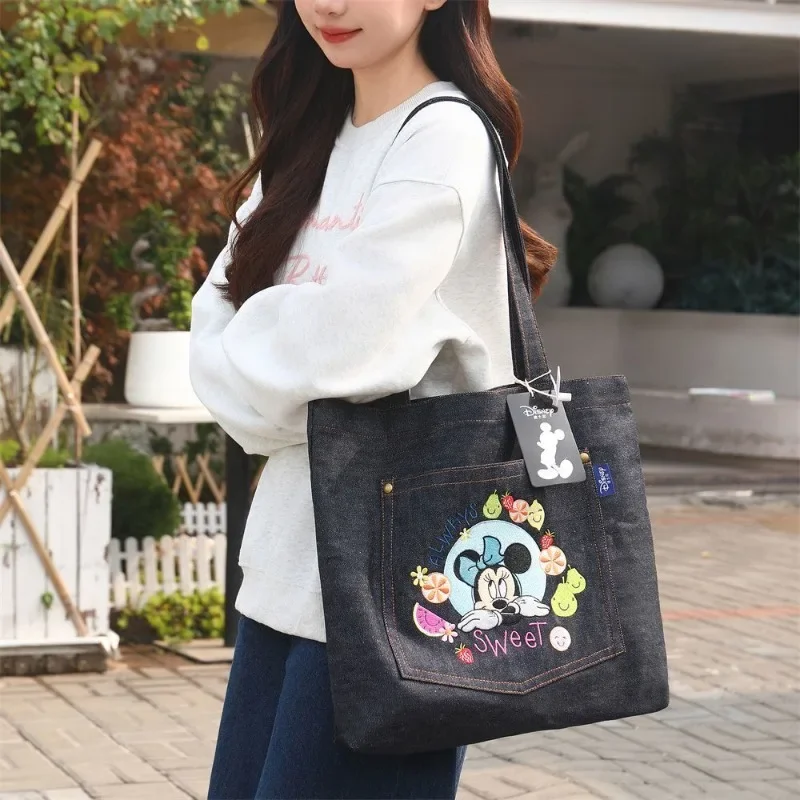 

Высококачественная джинсовая сумка Disney с вышивкой Микки, женская модная универсальная сумка-тоут большой вместимости в стиле ретро