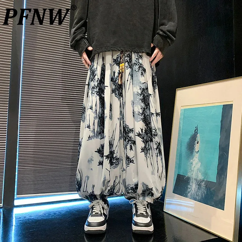 

PFNW Chinese Style Men's Casual Pants Ice Silk Printing Straight Binding Leg Contrast Color Droop Bottom Autumn Trend 12C762