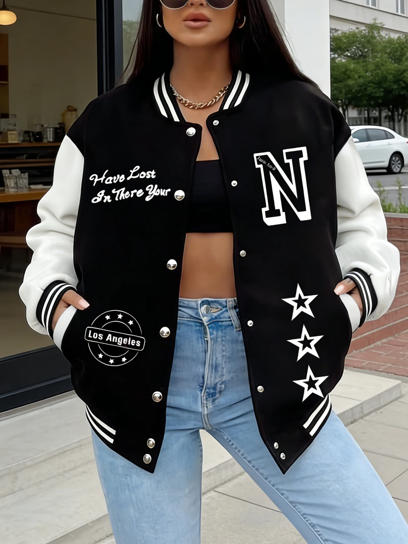 

Женская университетская куртка оверсайз «Have Lost In There» с принтом «цитата и звезды», повседневное модное бейсбольное пальто, флисовая одежда в уличном стиле