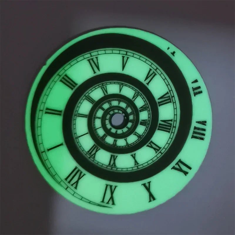 Esfera de 28,5 MM para NH35, escala romana luminosa verde, patrón en espiral, esferas de reloj modificadas para accesorios de relojes de movimiento NH36/4R/7S