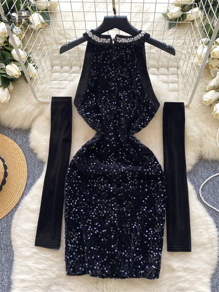 SINGREINY Senior Sequined Dress With Sleeves Halter Bodycon Luxury Temperament Slim Spring Women Diamonds Shinny Mini Dresses