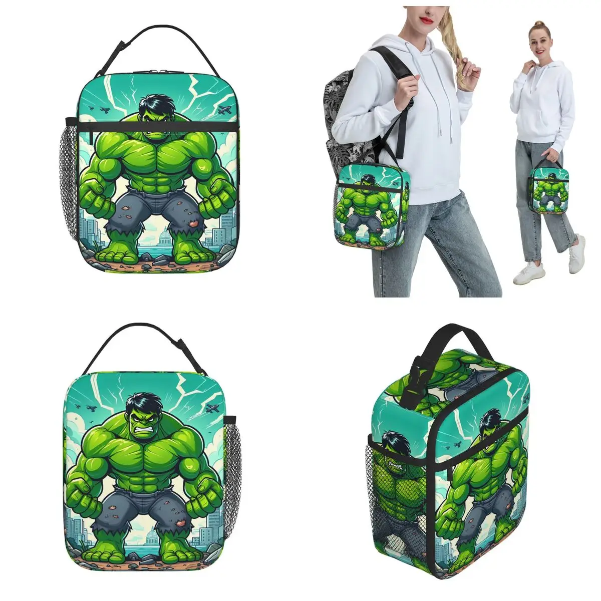 Fiambrera con aislamiento de dibujos animados de Hulk, bolsa térmica grande, bolso escolar para comida al aire libre