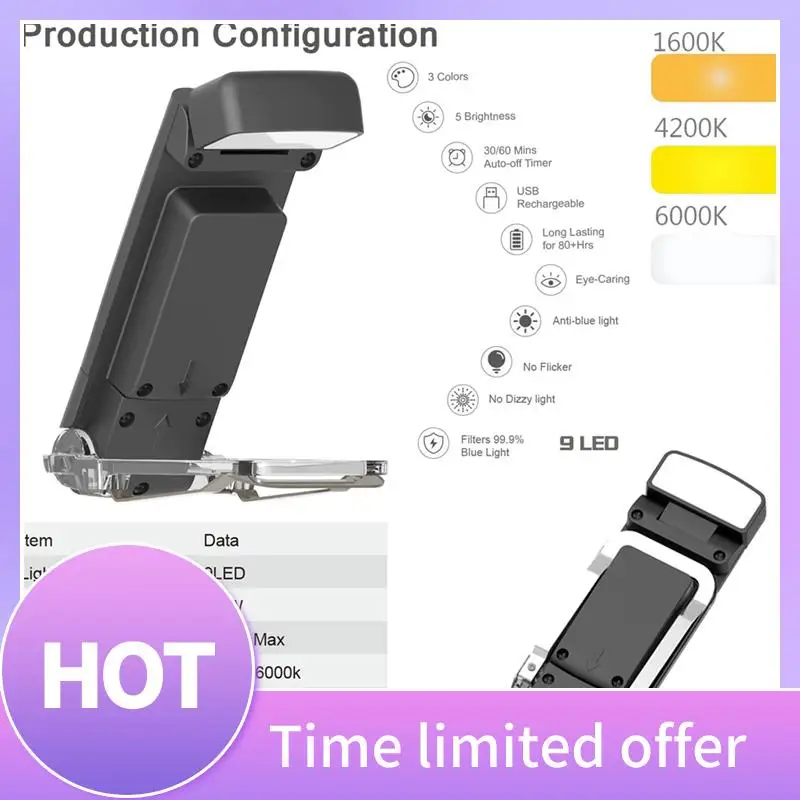 

B69C Book Light With Timer USB Rechargeable Reading Light Clip-On Read Lamp Bookmark Night Light Book Lamp 5 Brightness Durable
