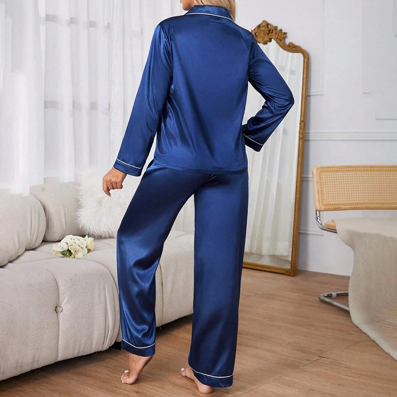 Women's Sleepwear Simple Satin Pajama Set Long Sleeve Buttons Lapel Top With Elastic Pants Loungewear Nightwear 2 Piece Nighty