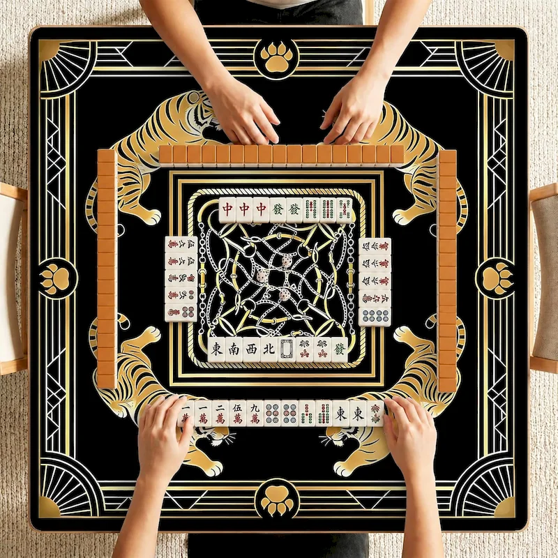 VIKAMA Black Gold Four Tigers Mahjong Game Mat Domino Poker Table Mat Anti slip Silent Table Mat Home Decoration