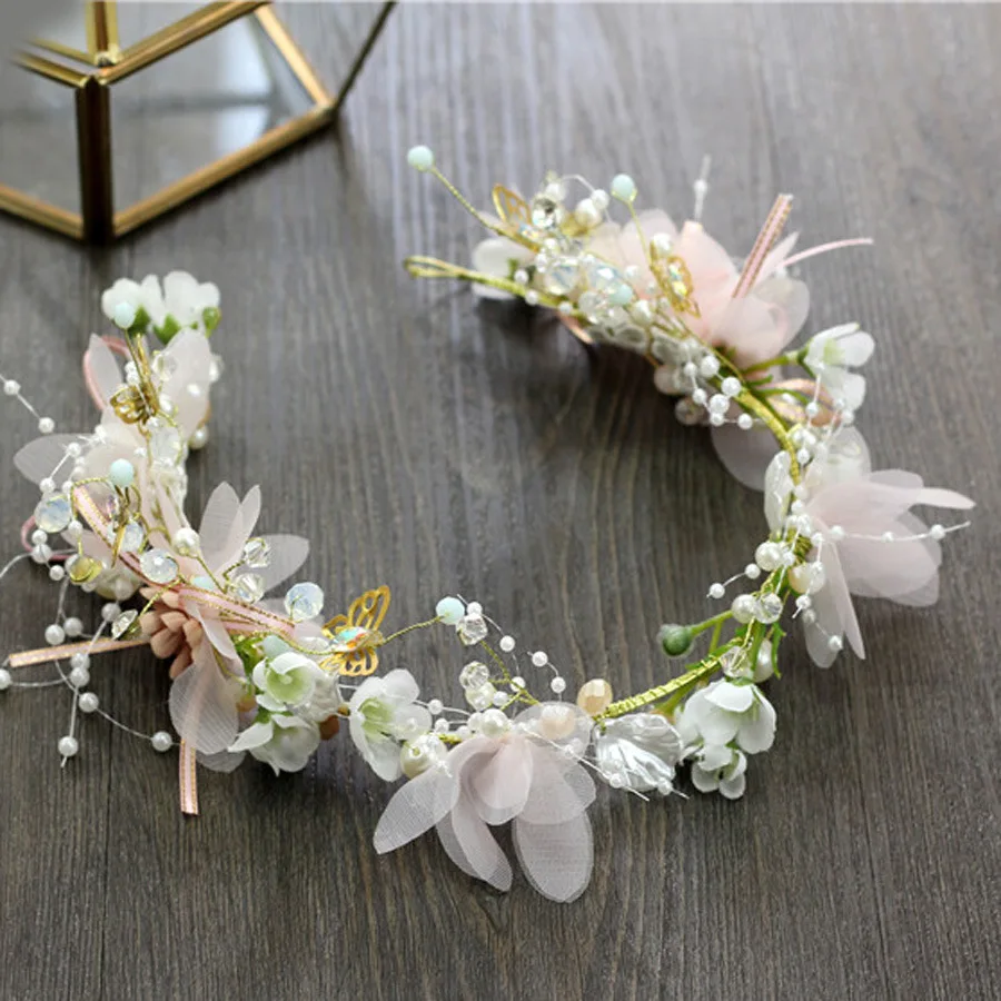 2 Pcs Children Flower Veil Headbands Bracelet Set Pearl Crystal Hair Hand Vines Butterfly Ribbon Wedding Gold Hair Accessories