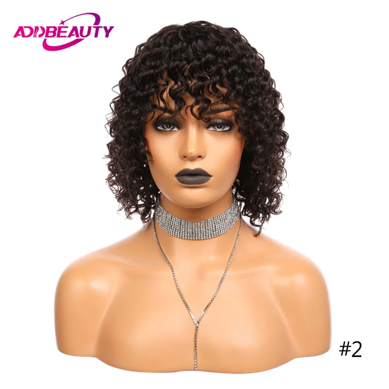 Deep Wave Human Hair Wigs With Bang Full Machine Made Wig Short Bob Wig Addbeauty Human Remy Hair Wig for Black Women Ombre 99J#