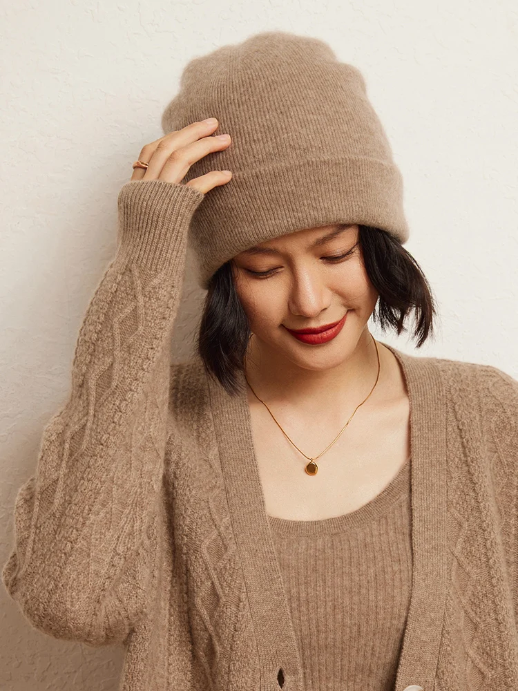 新しい秋冬女性の 100% カシミヤ二重層暖かいカシミヤニット帽子高品質厚いカジュアルカシミヤ帽子
