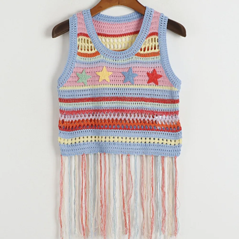 

Hollow out sleeveless vest for women summer new girl star tassel knitted top