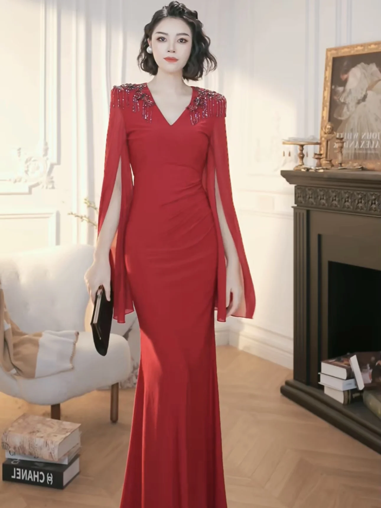 

Ele High-End Slimming V-Ne Beaded Dr Ladylike Ball Gown Long Sve Floor-Length Polyester Fiber Autumn Season