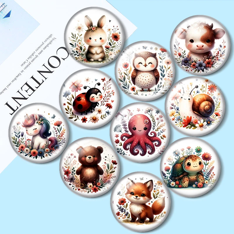 Cute nursery animal wildflower 12mm14mm/16mm/18mm/20mm/25mm Round photo glass cabochon demo flat back Making findings