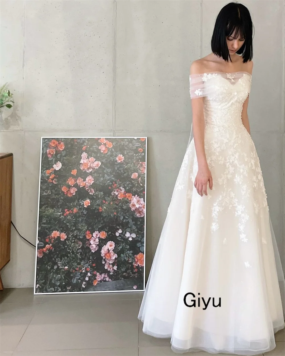 Giyu Fairy Lace Followers Korea Wedding Dress Photoshoot Detachable Shawl Sweetheart Collar Floor-length 웨딩드레스 Bridal Gown