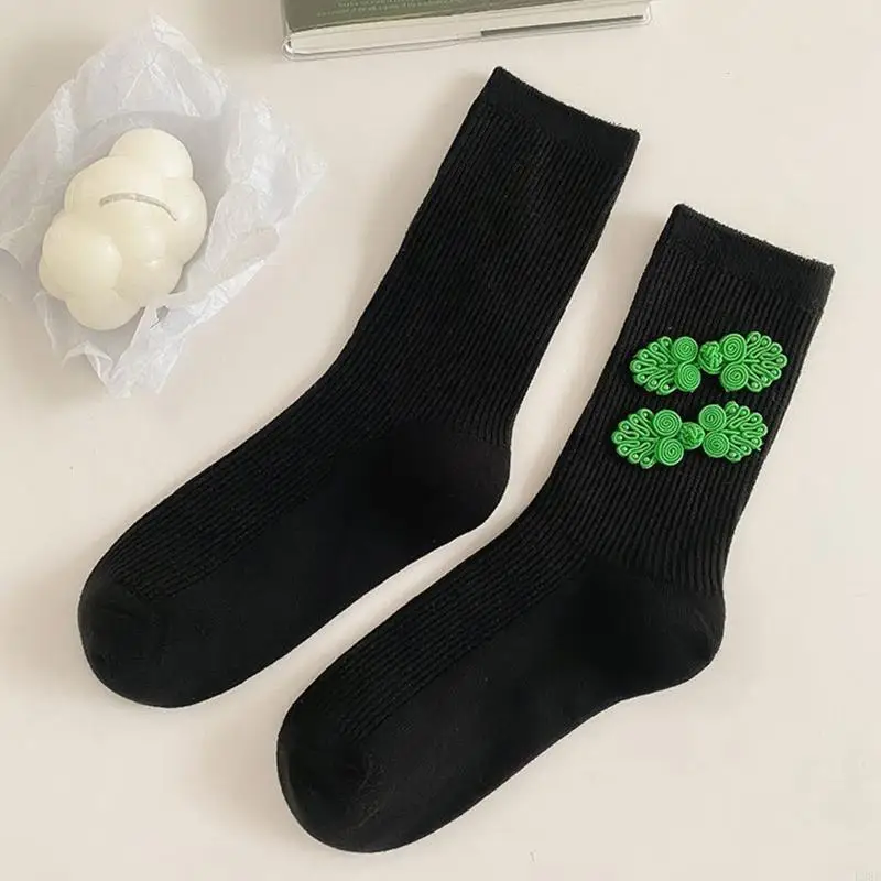 

L38E Fashion Tube Socks Ribbed Socks Women With Cheongsam Button Cotton Socks
