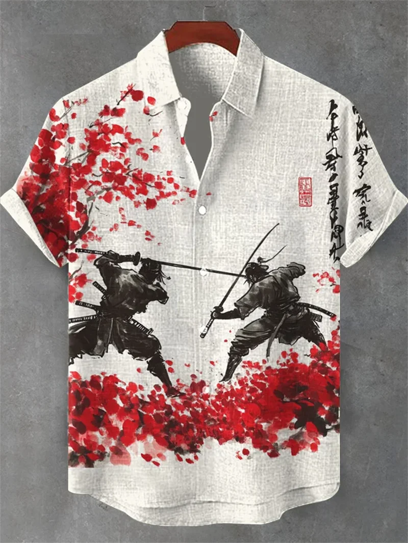 

Новая мужская рубашка с короткими рукавами, льняная рубашка в стиле ретро, мужская полосатая рубашка с короткими рукавами и принтом на одной пуговице, пляжная мужская одежда