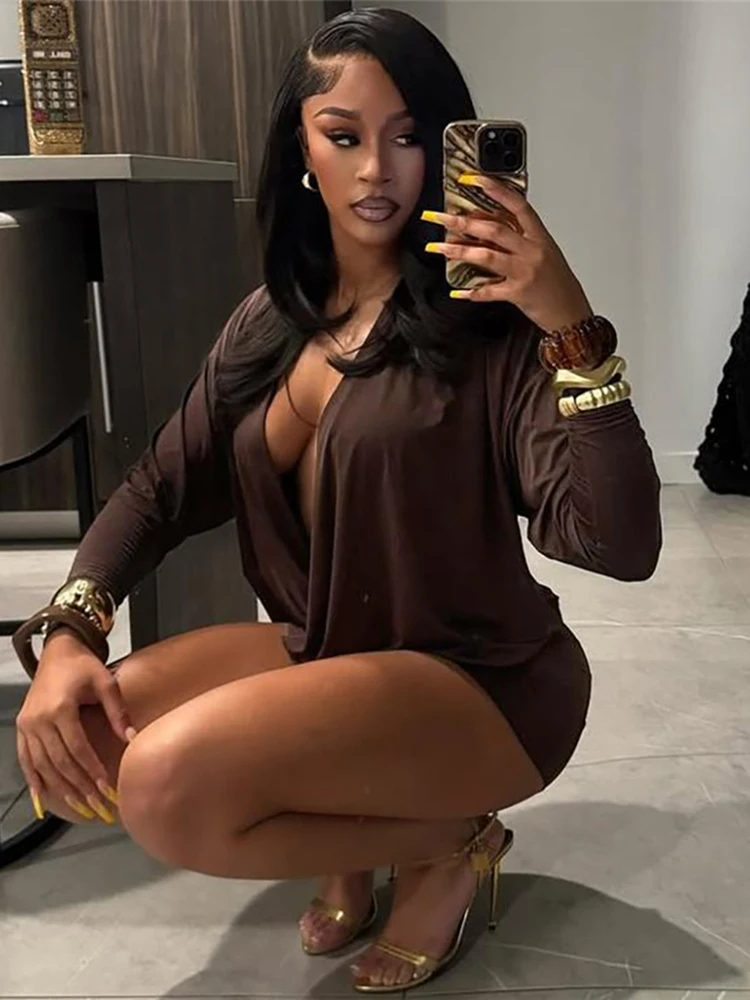 Nibber Cross Deep V-Neck Dress Women Full Sleeve Stretch Solid Midnight Street Clubwear Party Autumn Trend Elegant Mini Bodycon - Image 4