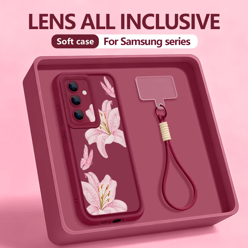 Pink Lily Print Wrist Lanyard Phone Case For Samsung Galaxy S26 S24 S25 Ultra S23 S25 FE A57 A17 A56 A16 A37 A55 A15 A25 Cover