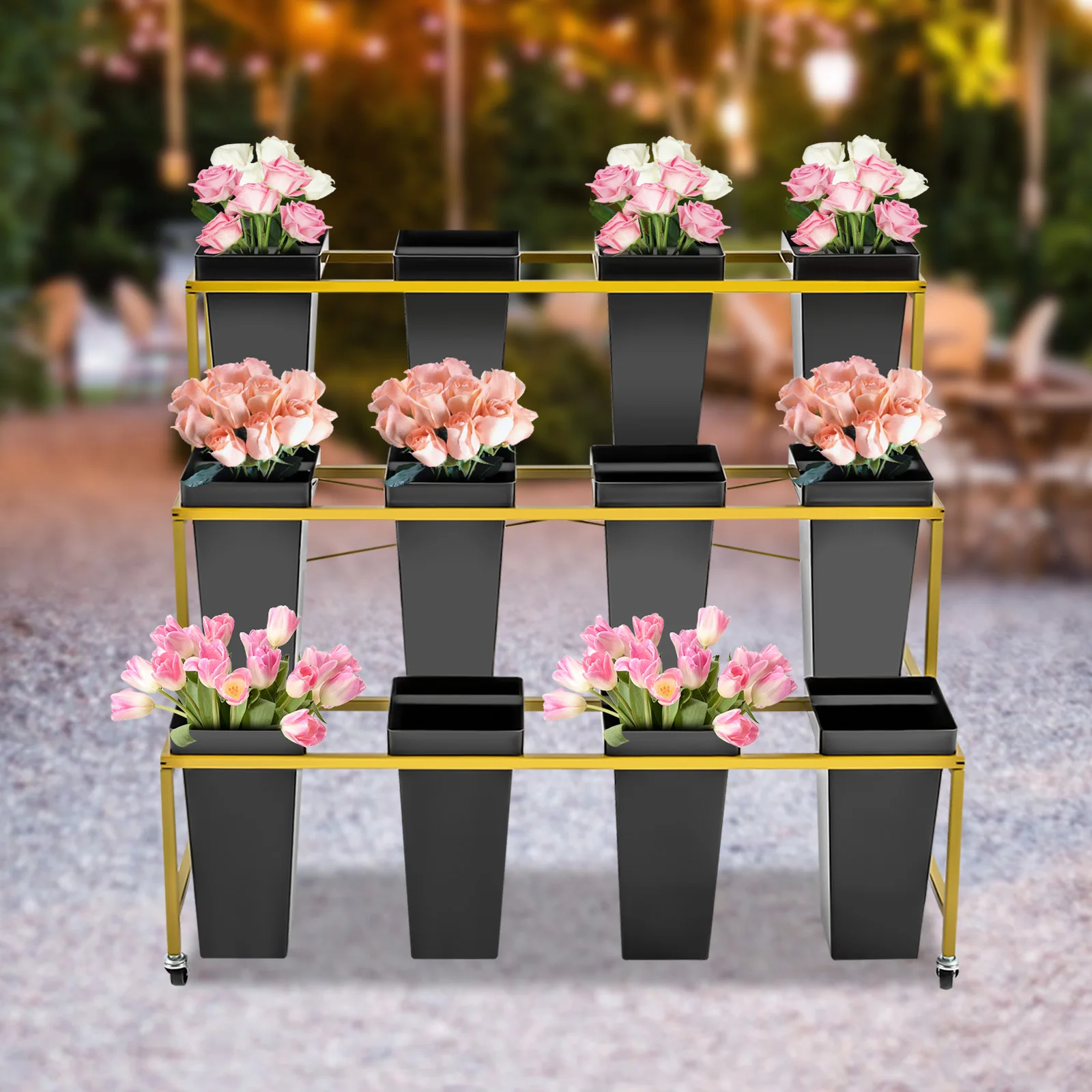 Flower Display Stand - 3 Layers Metal Plant Stand with 12Pcs Buckets, Moving Plant Cart Shelf, for Indoor Florist