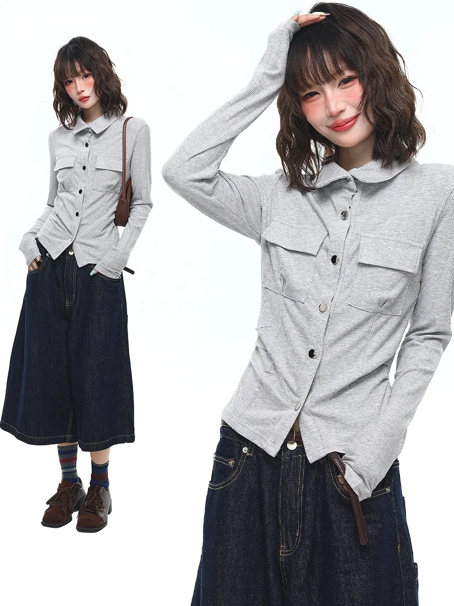 

Женская трикотажная футболка Sanowers в корейском стиле с длинным рукавом, приталенная, на весну-осень, повседневный топ с отложным воротником и утягивающим эффектом на талии