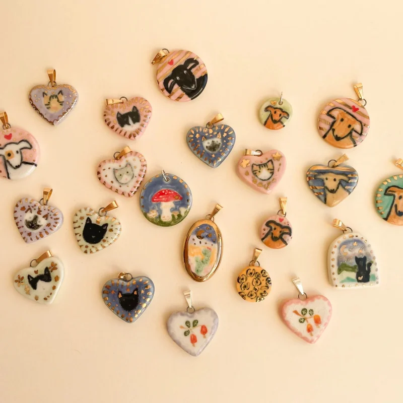 Cute Heart Painted Cat Dog Pendant Cartoon Animal Fruit Bow Charm Handmade DIY Jewelry Making Accessories Bulk