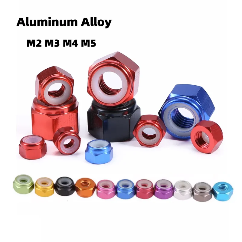 5/10pcs M2 M3 M4 M5 Colourful Anodized Aluminum Alloy Nylon Insert Lock Hex Nuts RC Car Accessories Motor Self-Locking screw cap