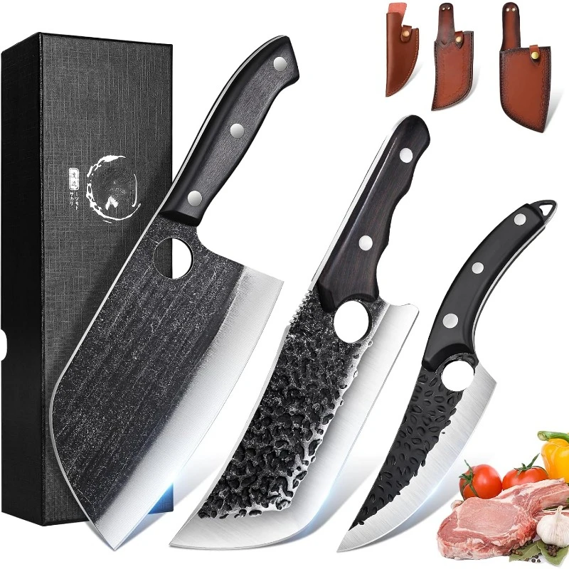 

Butcher Knife Set, 3PCS Hand Forged Meat Cleaver & Serbian Chef Knife & Viking Knives with Sheaths, Black High Carbon Steel