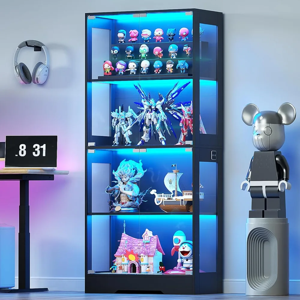 Vitrina de vidrio con luz con sensor de movimiento de 3CCT, estuche Curio de 4 niveles para coleccionables, estante de almacenamiento con puertas de vidrio