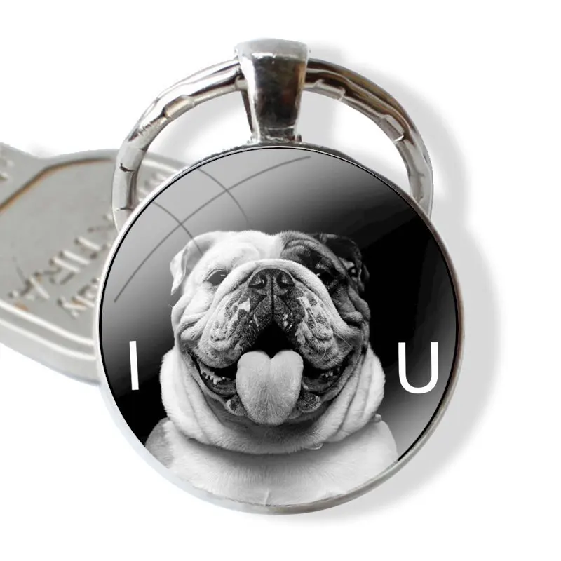 Cute dog english bulldog Fashion Fun Dynamic Keychain Handmade Glass Cabochon Key Ring Holder Pendant Key Chains