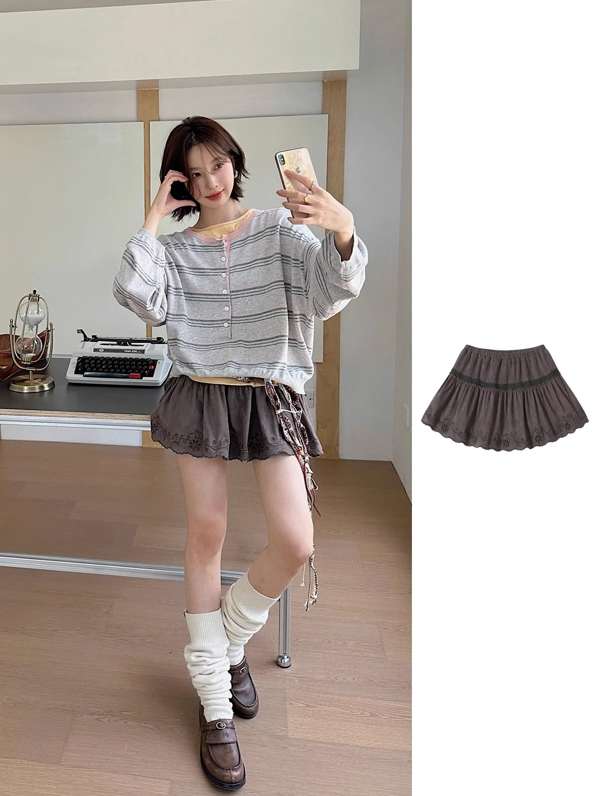 

Casual Elastic Waist Embroidered Lace Trim Suede Short Half Skirt Rerek Brand Ladies' Fashion Spring Summer Autumn Season