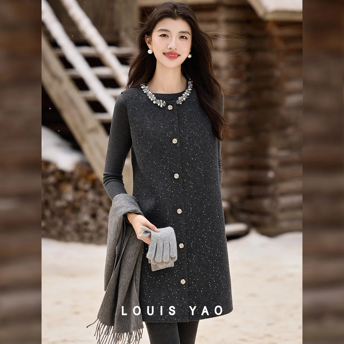 

LOUIS YAO Women's Sleeveless Dress 2025 Autumn/Winter Outer-Wearable Sleeveless Cardigan Mid-Length Women's Dress