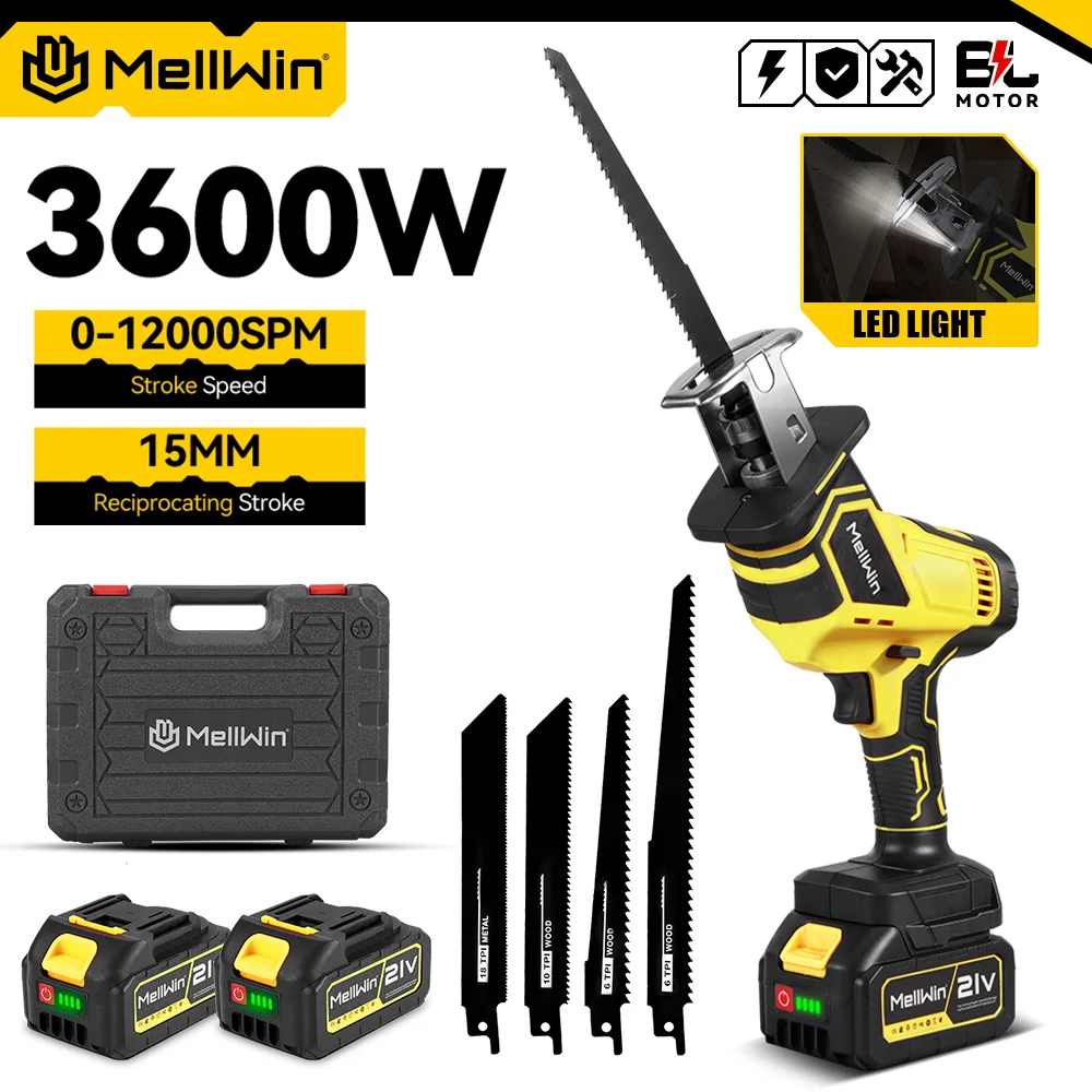 MELLWIN 3600W 12000SPM Bürstenlose elektrische Säbelsäge, multifunktionale kabellose elektrische Säge, Metall- und Holzschneidewerkzeug für Makita 18V Akku