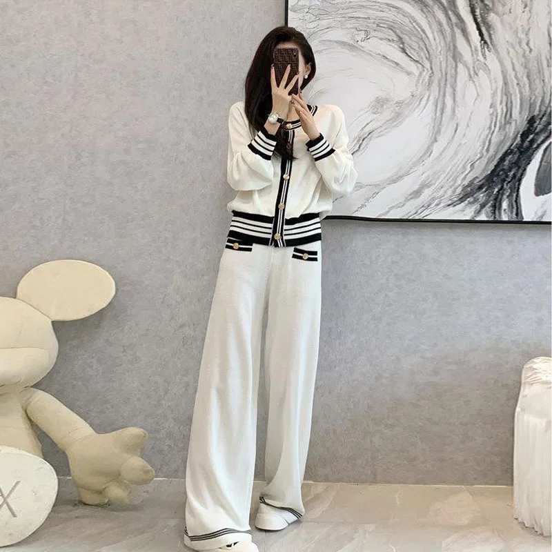 Korean Fashion Knitted Suit Women Outfits Chic 2 Piece Set Elegant Crew Neck Long Sleeve Sweater Cardigan And Wide Leg Pant Suit