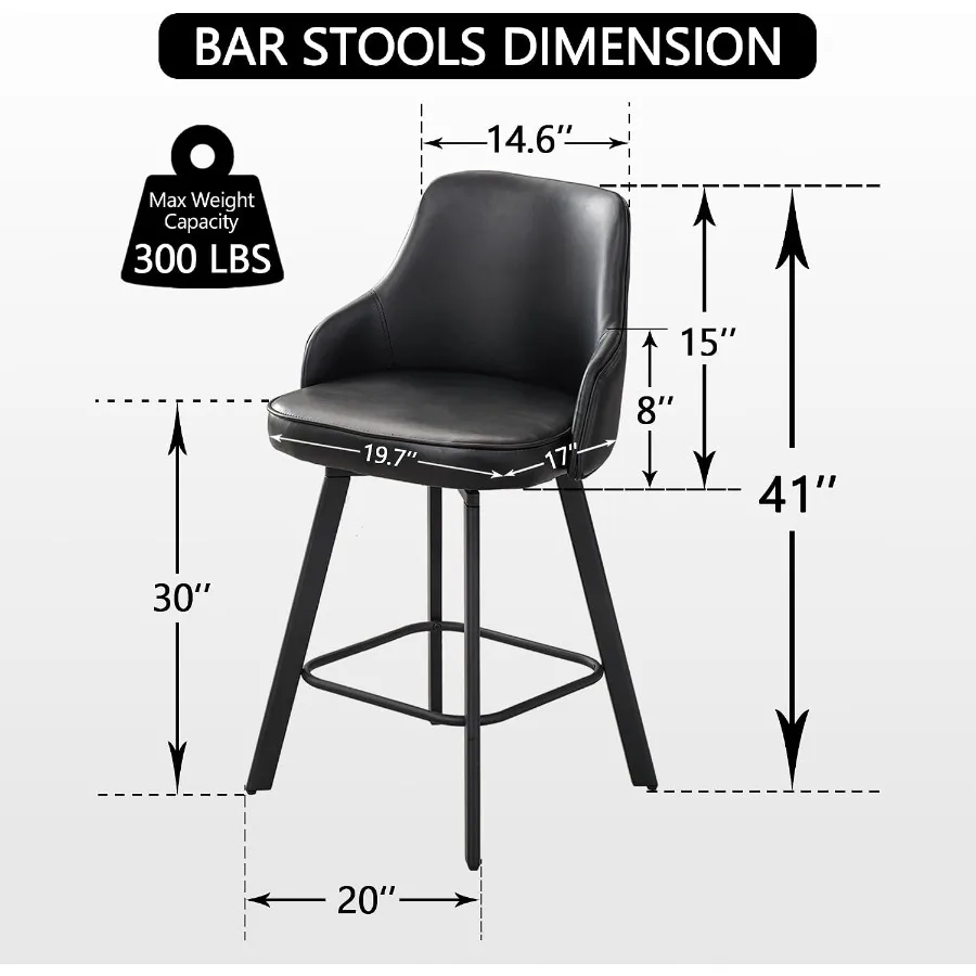 Kitchen island bar stools set of 2, 30 inch swivel with back, metal frame, black finish, ergonomic comfort and space-saving rot