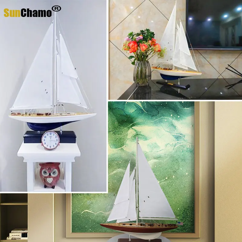 Sunchamo Solid Wood Sailboat Model Single Mast American European Style Entrance Decorations Smooth Sailing Ship Ornaments Decor