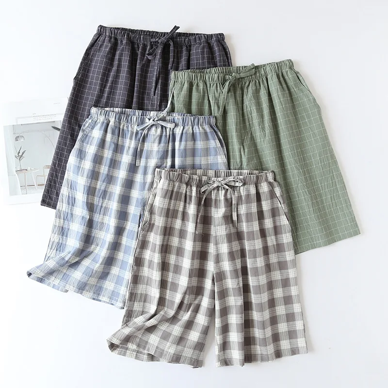 Plaid Design Sleepwear Men Pajama Shorts for Summer Thin Cotton Loose Double-layer Homewear Lounge Wear Checkered Pj Pants