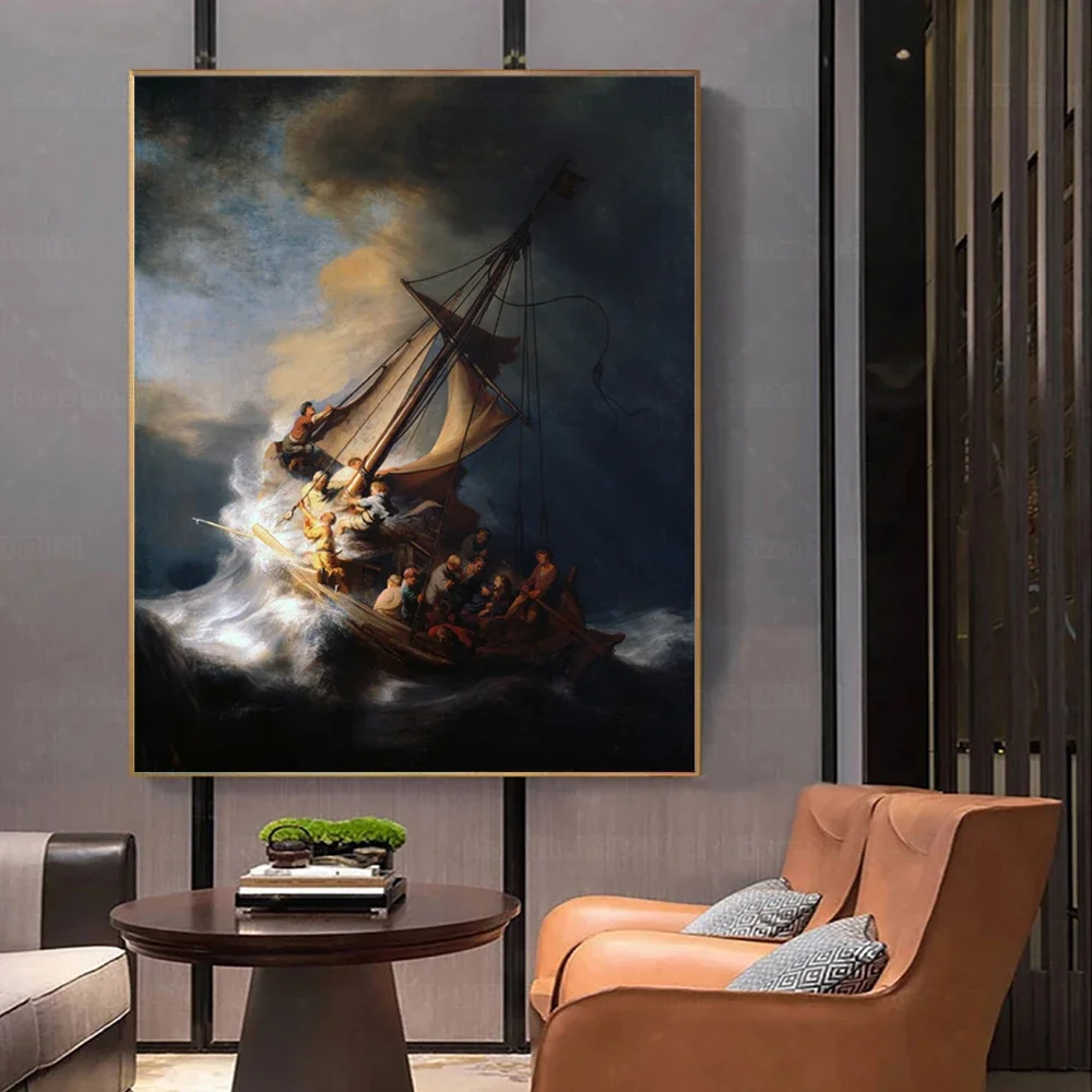 Pintura en lienzo de la tormenta en el mar de Galilea, arte famoso de la era dorada holandesa de Rembrandt Van Rijn, decoración de pared del hogar
