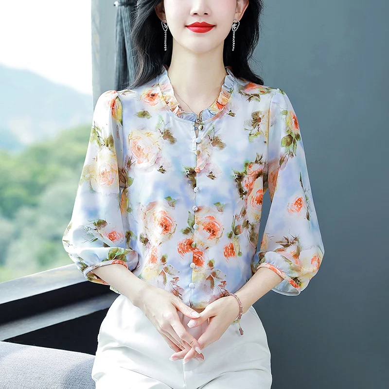 M-4XL Elegant Fashion Women Chiffon shirt Retro Floral Printed Tops Spring Summer Casual Button Pullovers Blouse