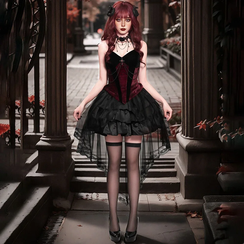 Halloween Dark Angel Cosplay Costume Demon Vampire Swallowtail Dress Gothic Retro Court Duchess Lolita Black Lace Dress Up New