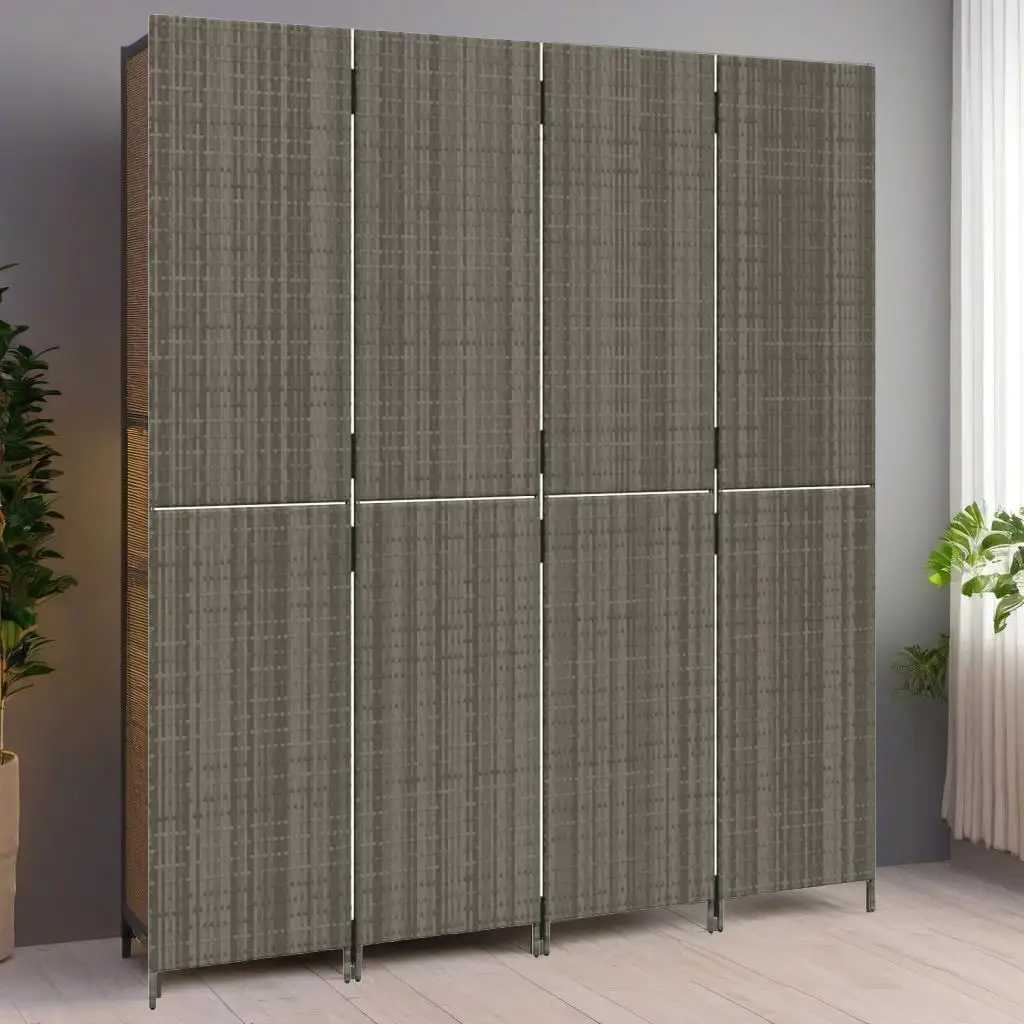 

4-Panel Gray Poly Rattan Room Divider - Stylish Portable Screen for Home Decor